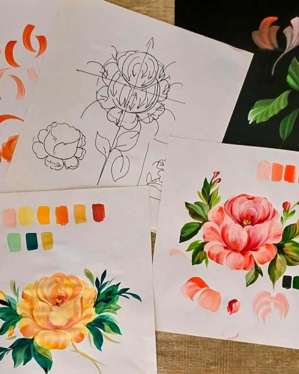 Rosas barrocas pintadas a mano alzada en un mini curso de Kitty Neese
