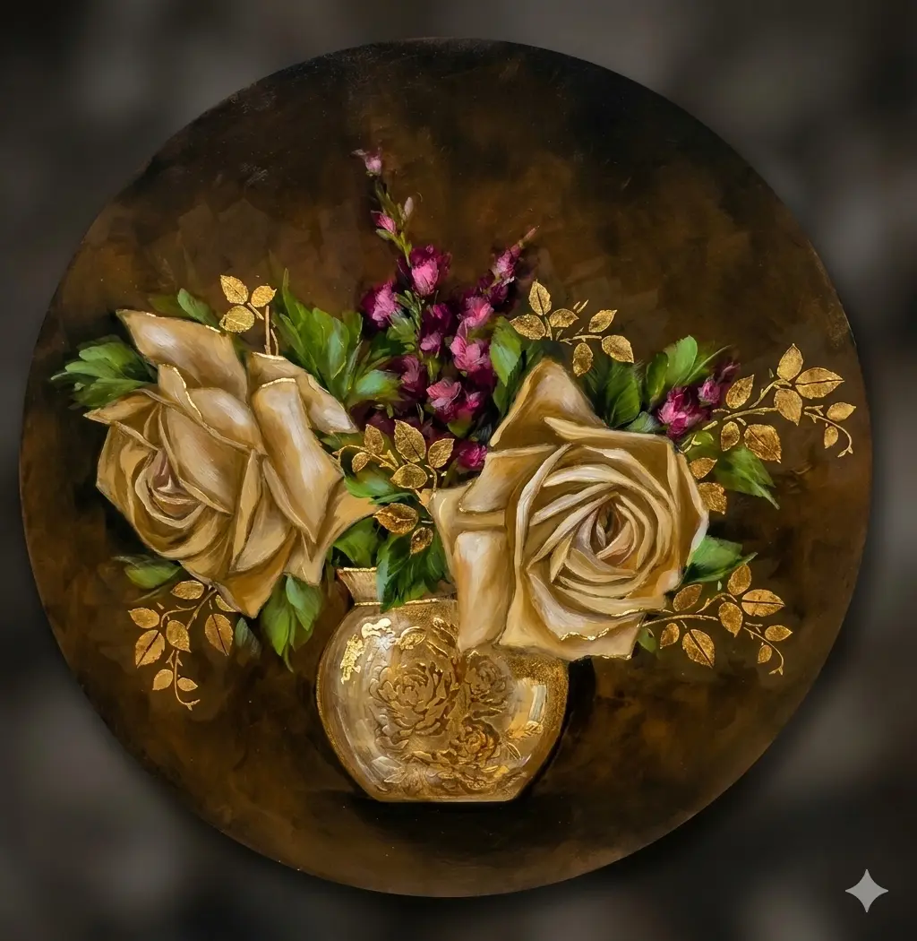 Rosas en oro y relieve — peonía rosada