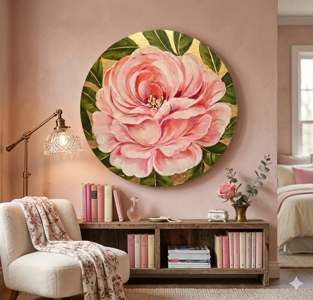 Rosa rosada pintada a mano alzada sobre madera circular
